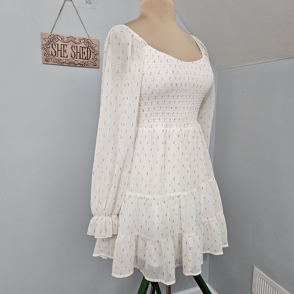 Altar’d State White Smocked Dress Gold Dot Tiered Size M Cottage Fairy Boho - Picture 3 of 14